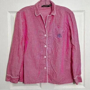 Lauren Ralph Lauren Pink and white Pajama Button Down top with blue | size small